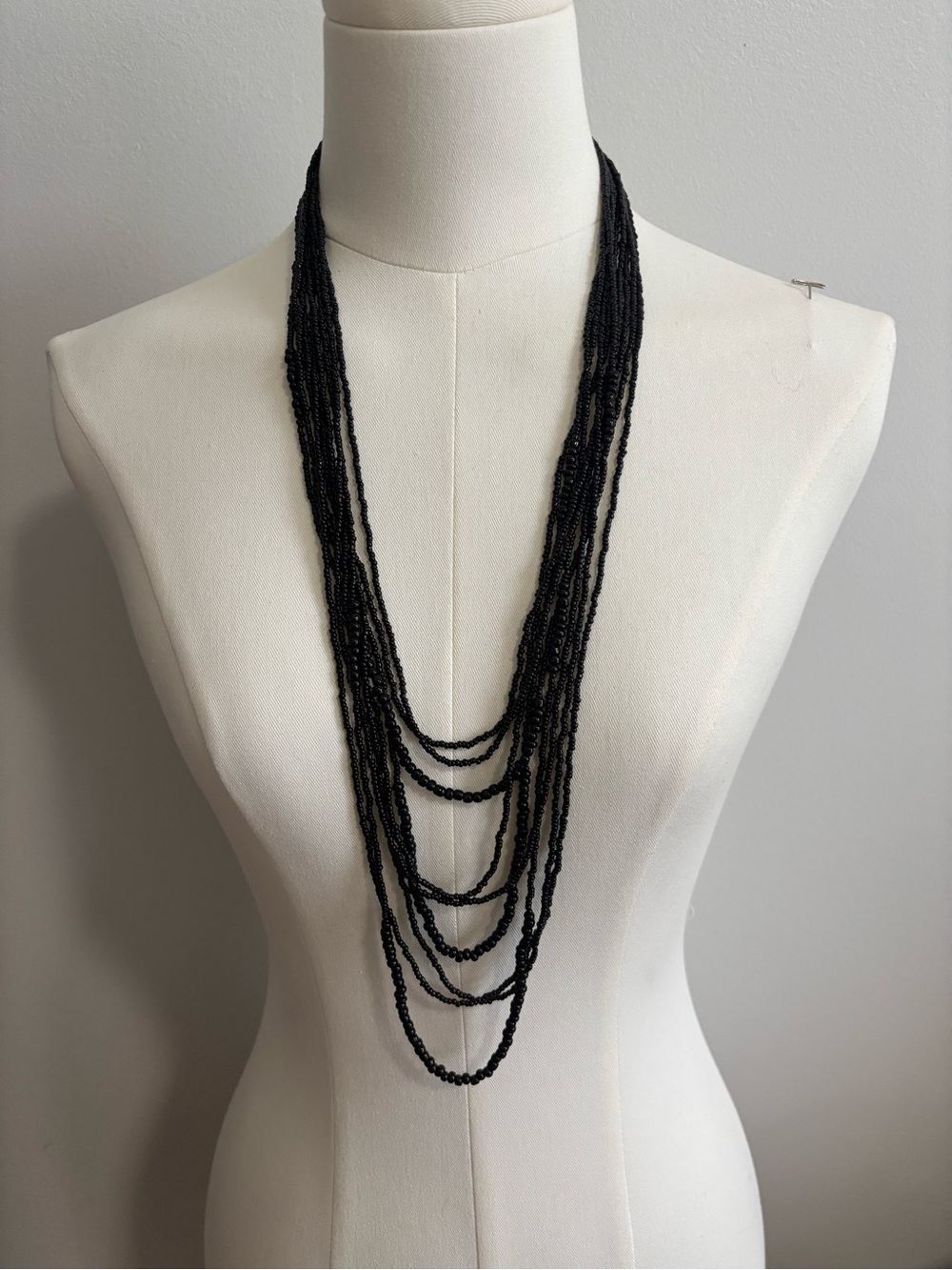 9 Layered Black Seed Beaded Necklace 38in
